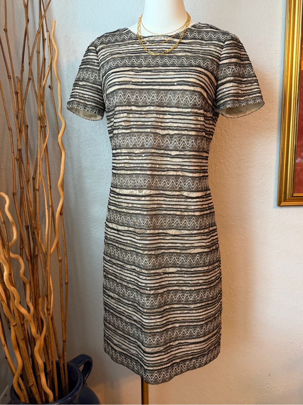 261~ Ivy & Blu Maggy Boutique Textured Zigzag Stripe Sequin Lace Sheath Dress